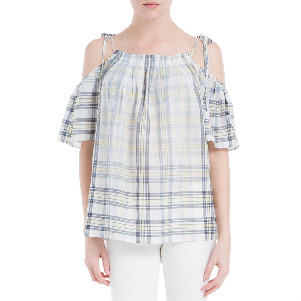 Sophie Max Blue Plaid Cold Shoulder Babydoll Top Ruffle Blouse Medium